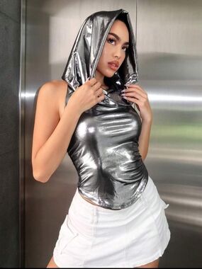 Metallic Silver Hooded Halter Top Y2K Rave Festival Space Cowboy